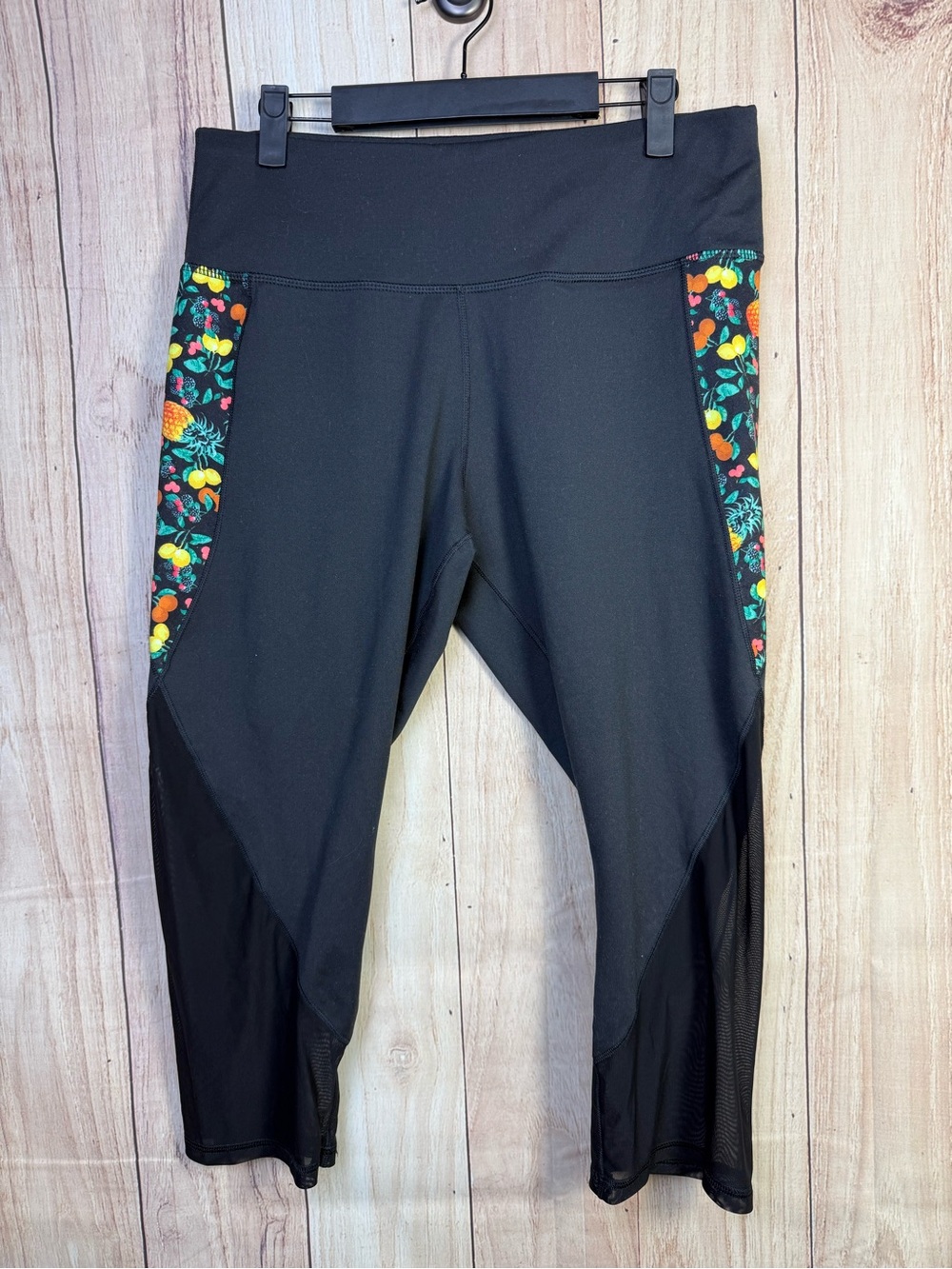 ZELOS Black Capri Leggings with Multicolor Fruit Side Panels